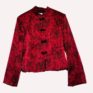 Dressy oriental-style pantsuit with ruby-red & black paisley jacket & black pant